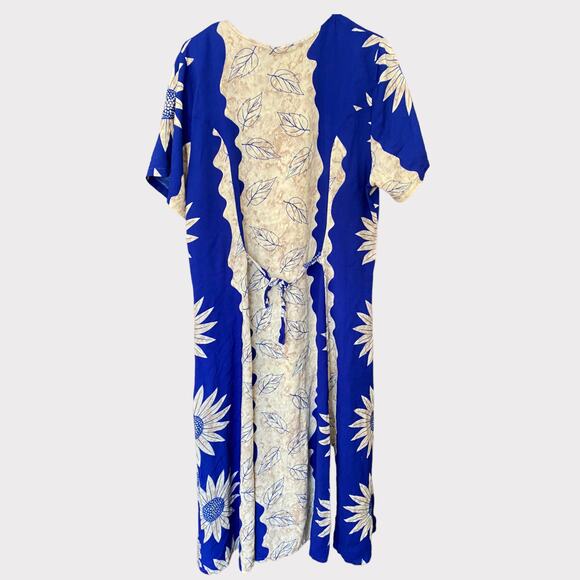 Island Style Large Rayon Dress Blue Yellow Short Sleeve Tie Back Rayon - Picture 3 of 7